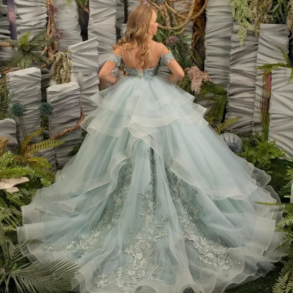 Leicht entleert Spitze Rüschen Mädchen Kinder Geburtstag Ballkleider Erstkommunion Kleid Schöne Blumenmädchen Kleid Für Hochzeit 