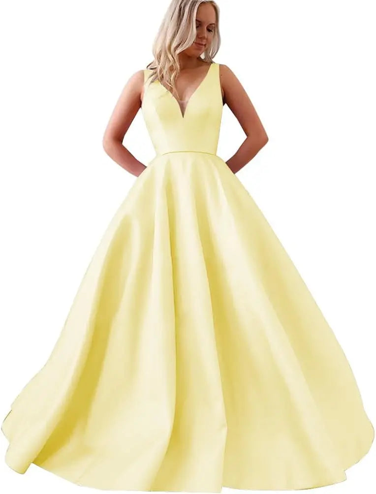 Satin A Line Wedding Dresses for Bride V Neck Prom Dresses with Pockets Simple Long Ball Gowns