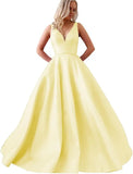 Satin A Line Wedding Dresses for Bride V Neck Prom Dresses with Pockets Simple Long Ball Gowns
