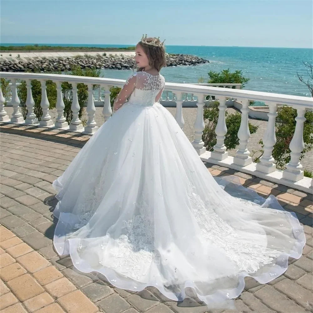 Para bodas, vestidos de encaje de manga larga hasta el suelo, personalizados, para primera comunión, para cumpleaños, para niñas de flores blancas. 