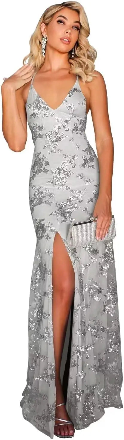Vestidos de fiesta de sirena con encaje y lentejuelas sexys para mujer 2025, vestido formal de noche con tirantes finos largos y abertura de encaje brillante. 