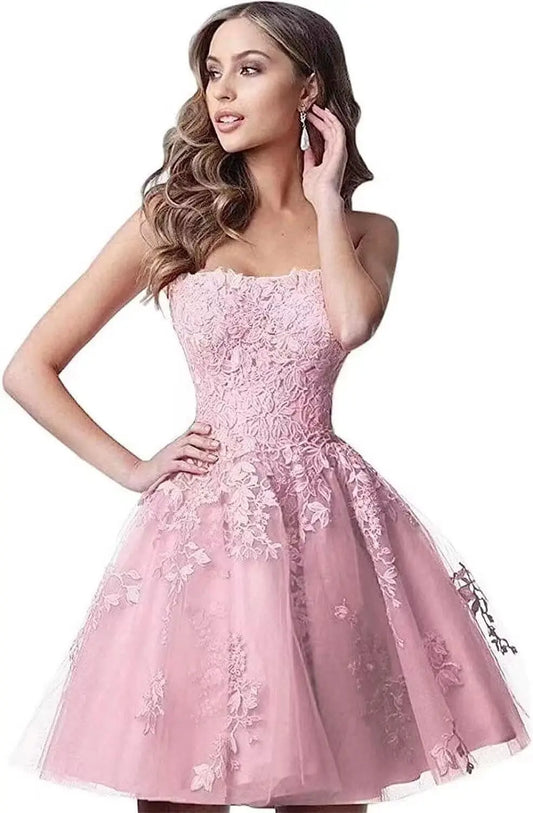 Spitzen-Heimkehrkleider, kurz, A-Linie, trägerlos, formelle Cocktailparty-Kleider, Abschlussballkleid, Ballkleider, Minikleid 