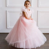 Apliques de flores de tul rosa con lazo, manga corta, para boda, fiesta de cumpleaños, banquete, vestido de princesa, vestidos de niña de las flores personalizados 