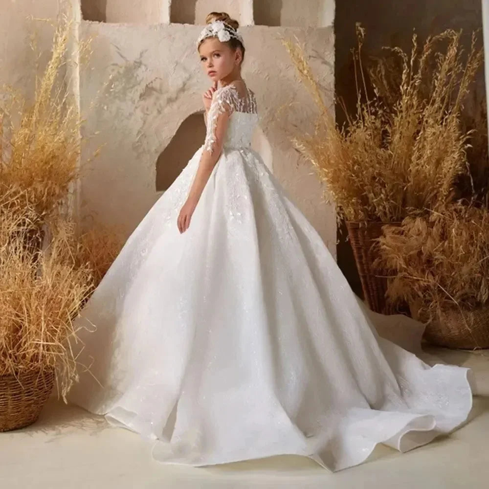 Vestido de desfile para boda, apliques de encaje, princesa, fiesta de cumpleaños, vestido de primera comunión, vestidos de niña de las flores blancos personalizados 