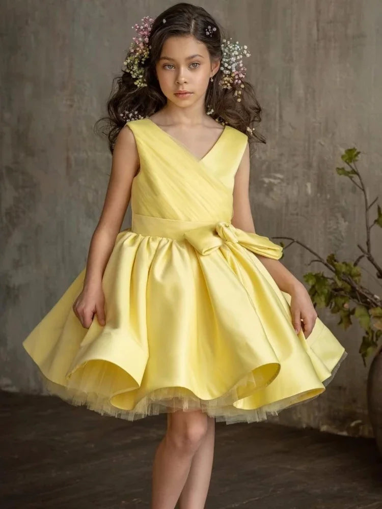 Pink Tulle Satin With Bow Sleeveless For Wedding Birthday Party Banquet First Communion Gowns Flower Girl Dresses