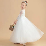 2025 Birthday Party Holy Communion Gowns Flower Girl Dresses White Tulle Flory Appliques 3/4 Sleeve For Wedding
