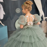 Vestidos de princesa con apliques de tul verde y blanco, de media manga y capas, para bodas, cumpleaños, banquetes, vestidos de niña de las flores personalizados. 