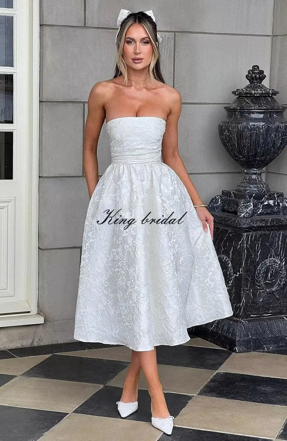 Vestido de fiesta de satén jacquard floral, largo hasta la rodilla, corte A, sin tirantes, con corsé, para dama de honor, para fiesta de noche formal 