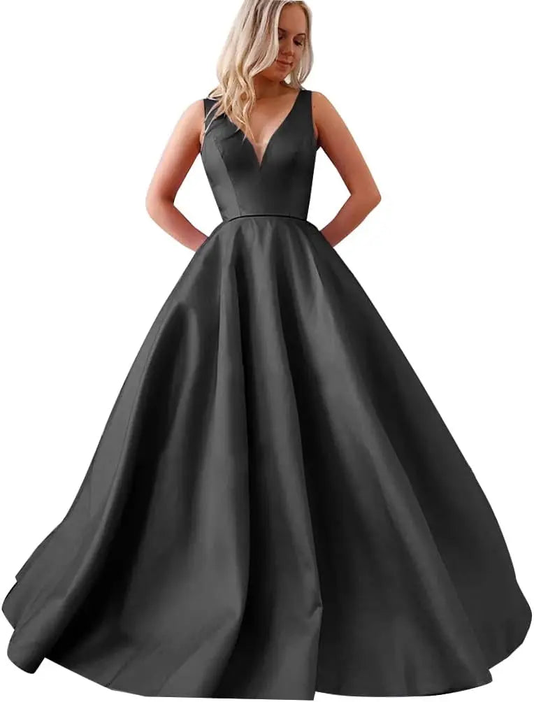 Satin A Line Wedding Dresses for Bride V Neck Prom Dresses with Pockets Simple Long Ball Gowns