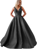 Satin A Line Wedding Dresses for Bride V Neck Prom Dresses with Pockets Simple Long Ball Gowns