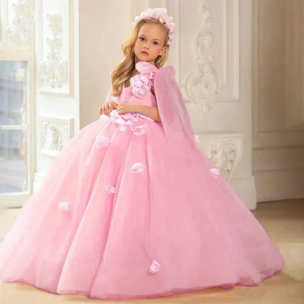 Vestido elegante de tul sin mangas para niña, para cumpleaños, fiesta de comunión, con apliques florales 3D, para boda 