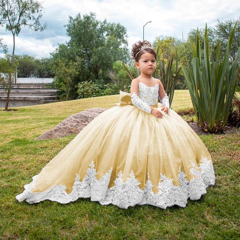 Volle Ärmel Bodenlangen Elegante Mädchen Kinder Geburtstag Party Kommunion Party Kleid Spitze Applikationen Blumenmädchen Kleider für Hochzeit 