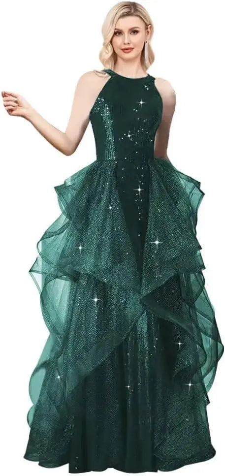 Vestidos de fiesta con lentejuelas y cuello halter, hechos a medida, con capa, 2025, de tul brillante, con abertura en forma de A, para boda, noche y fiesta. 