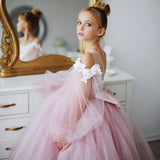 Vestidos de tul rosa con apliques blancos y lazo, de manga larga, para bodas, cumpleaños, primera comunión y niñas de las flores. 