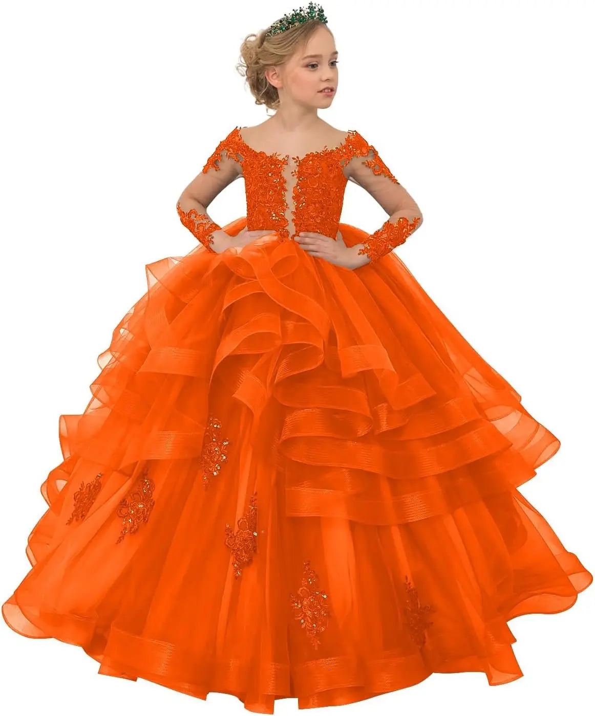 Long Sleeve Flower Girl Dresses Laces Applique Beaded Princess Pageant Dress Beaded Ruffle Tulle Kids Prom Party Gown