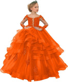 Long Sleeve Flower Girl Dresses Laces Applique Beaded Princess Pageant Dress Beaded Ruffle Tulle Kids Prom Party Gown