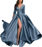 Deep V-Neck Satin Prom Dress for Women, 3/4 Sleeve Formal Evening Gown with Pockets, Elegant Party Dress
