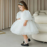 White Tulle Puffy Appliques Pearls With Bow Short Sleeve For Wedding Birthday Party Holy Communion Gowns Flower Girl Dresses
