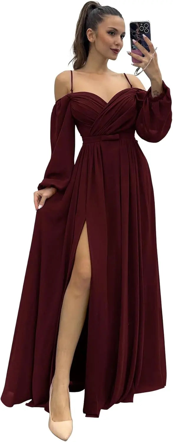 Vestido de dama de honor de manga larga para mujer, con tirantes finos, para invitada de boda, con abertura y bolsillos, vestido formal fruncido. 