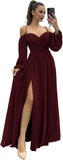 Vestido de dama de honor de manga larga para mujer, con tirantes finos, para invitada de boda, con abertura y bolsillos, vestido formal fruncido. 