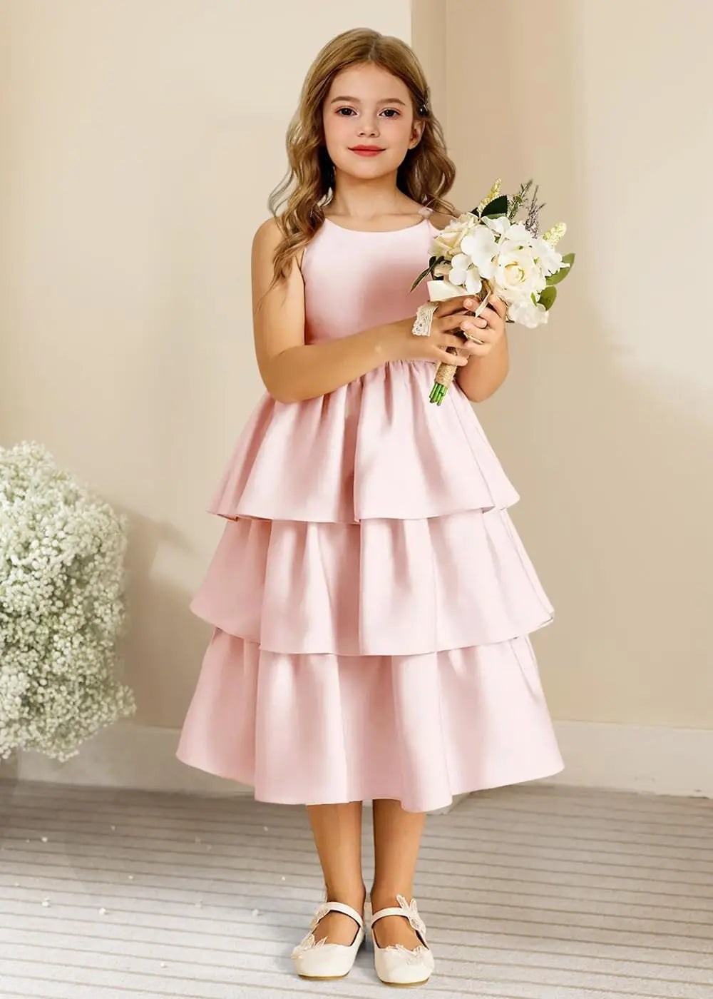 Girls Crewneck Layers Flower Girl Satin Pageant Dress with Bow Knot Backless Birthday Party Formal Dress princess dress