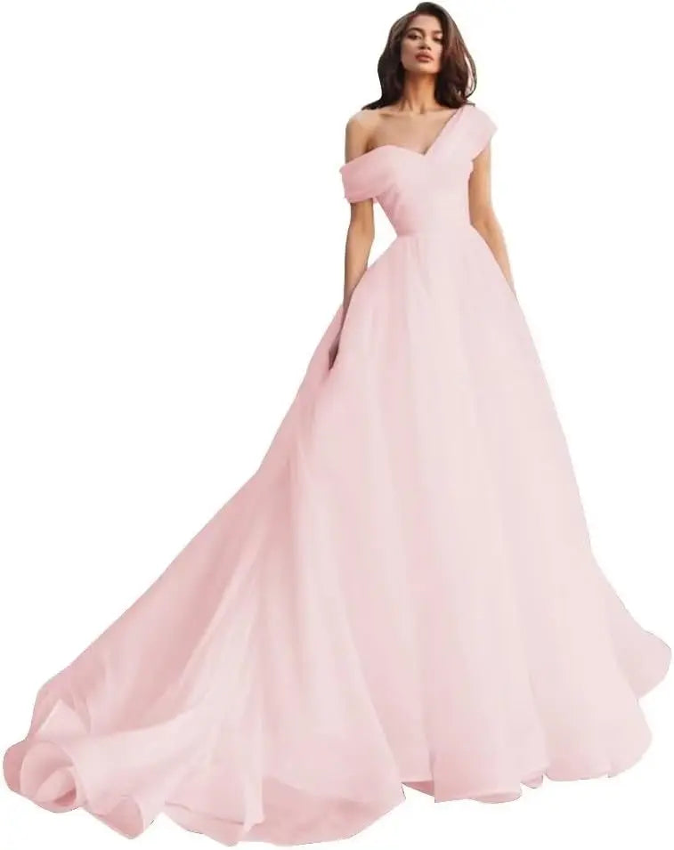 Custom made One Shoulder Tulle Prom Dresses Long Quinceanera Dress Ball Gown Organza Puffy Wedding Dress for Bride Bridal Gowns