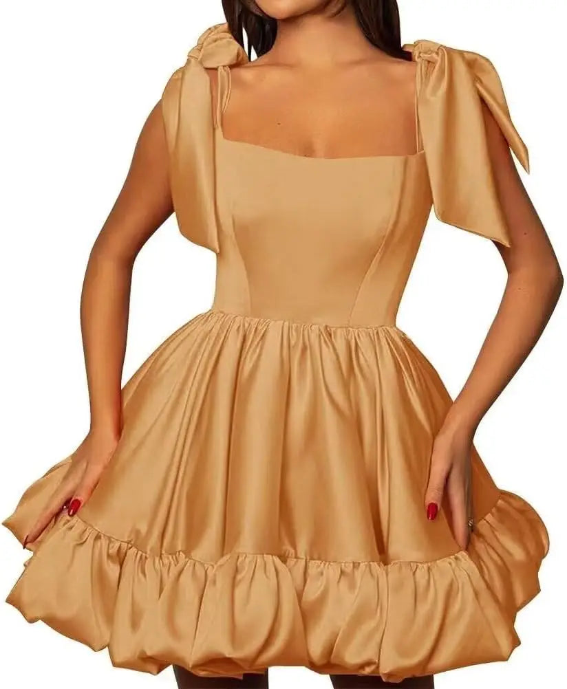 Women’s A-line Puffy Straps Sleeveless Formal Party Gown Teens Satin Short Homecoming Cocktails Dress