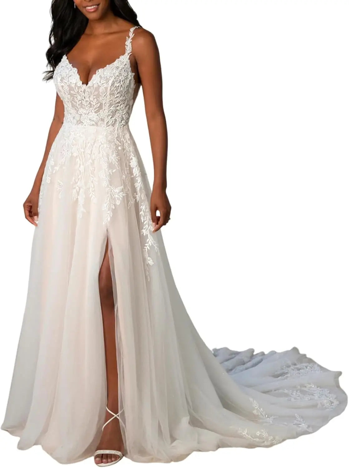 Brautkleider für die Braut Langes Spitzenapplikations-Tüll-Brautkleid Boho-Strandhochzeitskleid weißes Kleid Maßgeschneiderte Brautkleider 