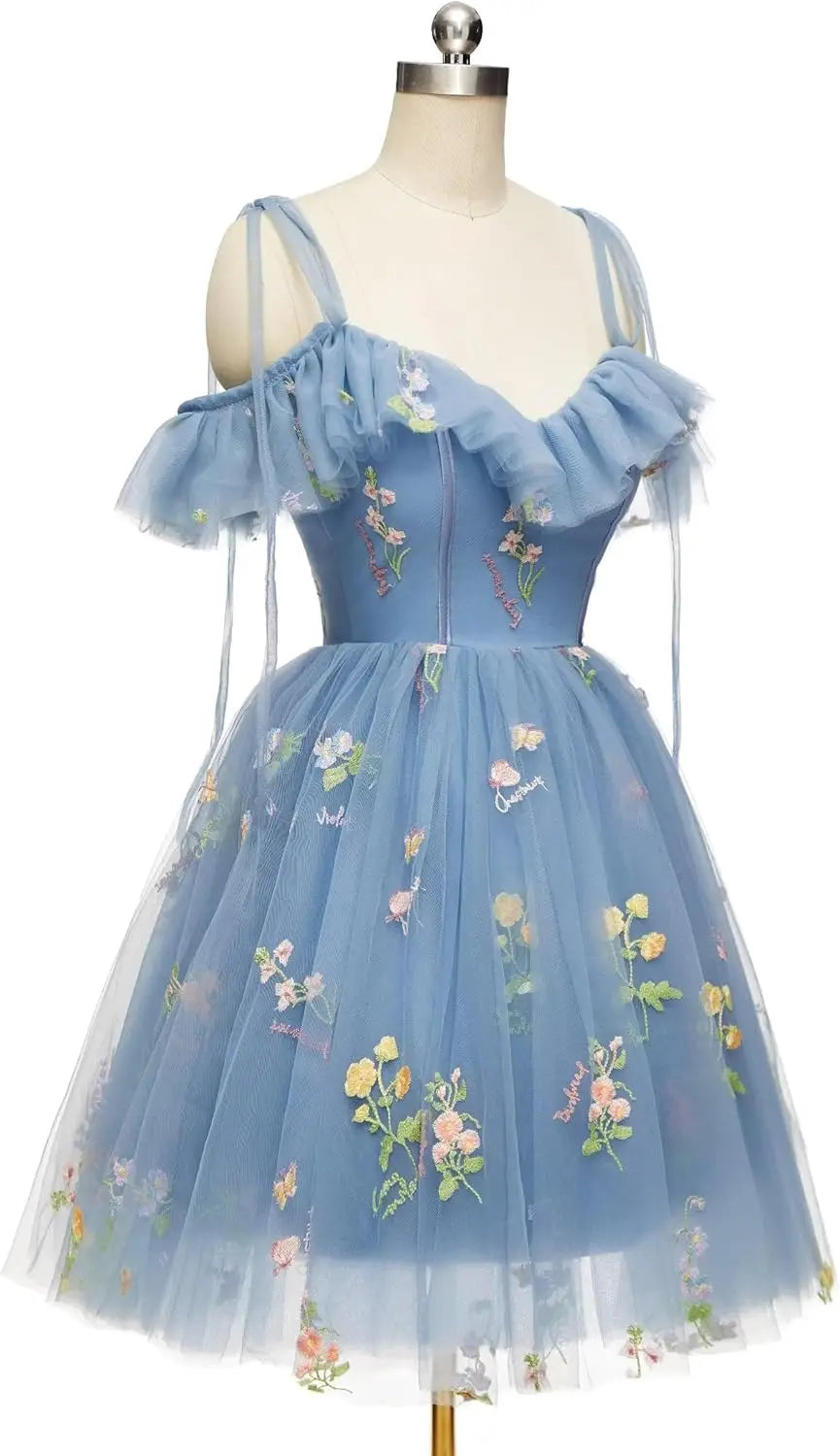 Vestidos cortos de fiesta para adolescentes con bordado de flores, tul, tirantes finos, largo hasta la rodilla, con margaritas y estampado floral. 