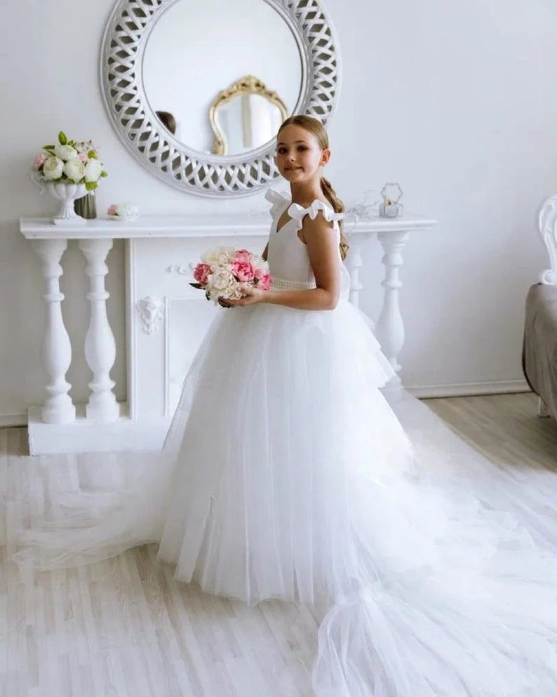 Vestido de tul con tutú para niña de las flores, vestido de satén para bebé niña con cola, vestido de dama de honor juvenil, vestido de novia, vestidos de desfile para niñas 