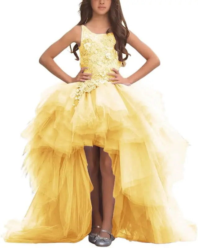 Blumenmädchenkleid für Mädchen, hoch und niedrig, Festzugskleider, gestufte Tüllapplikationen, Prinzessin, formelle Party, Ballkleid, Festzug für Mädchen 