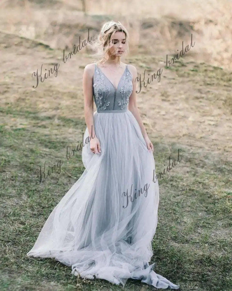 Blaues und graues Tüll-Hochzeitskleid Spaghettiträger Brautkleider Fee Hochzeitskleid Prinzessin Boho Brautkleid 