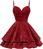 Tiered Sequin Homecoming Dresses Short for Teens 2025 Spaghetti Straps A-Line Prom Dress mini dress  party dresses