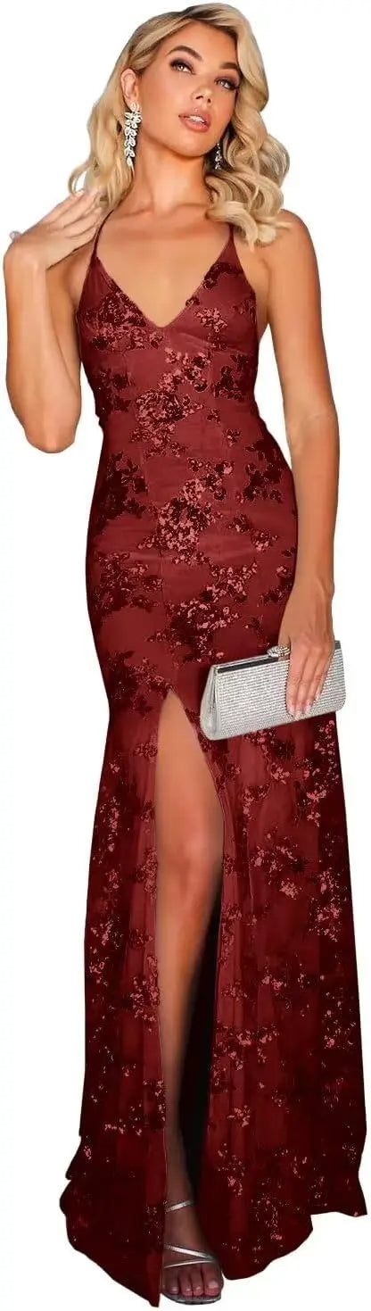 Vestidos de fiesta de sirena con encaje y lentejuelas sexys para mujer 2025, vestido formal de noche con tirantes finos largos y abertura de encaje brillante. 