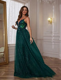 Glitzerndes Tüll-Ballkleid für Damen, Spaghettiträger, tiefer V-Ausschnitt, Spitzenapplikationen, Ballkleid, langes A-Linien-Abendkleid 