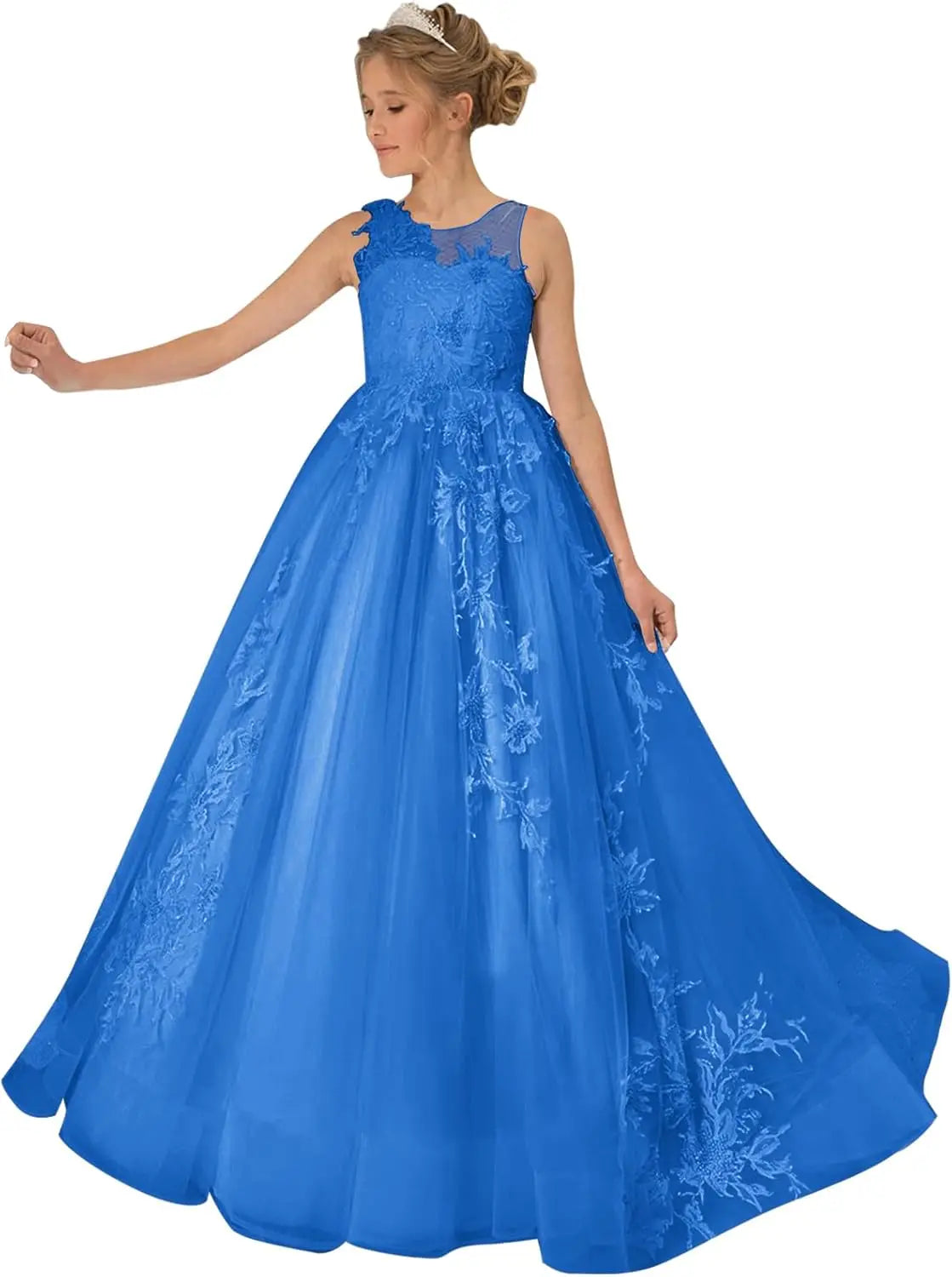 Princess Dress Tulle Lace Flower Girl Dress for Wedding Applique Princess Pageant Dress Long Party Ball Gown with Cape Sleeves