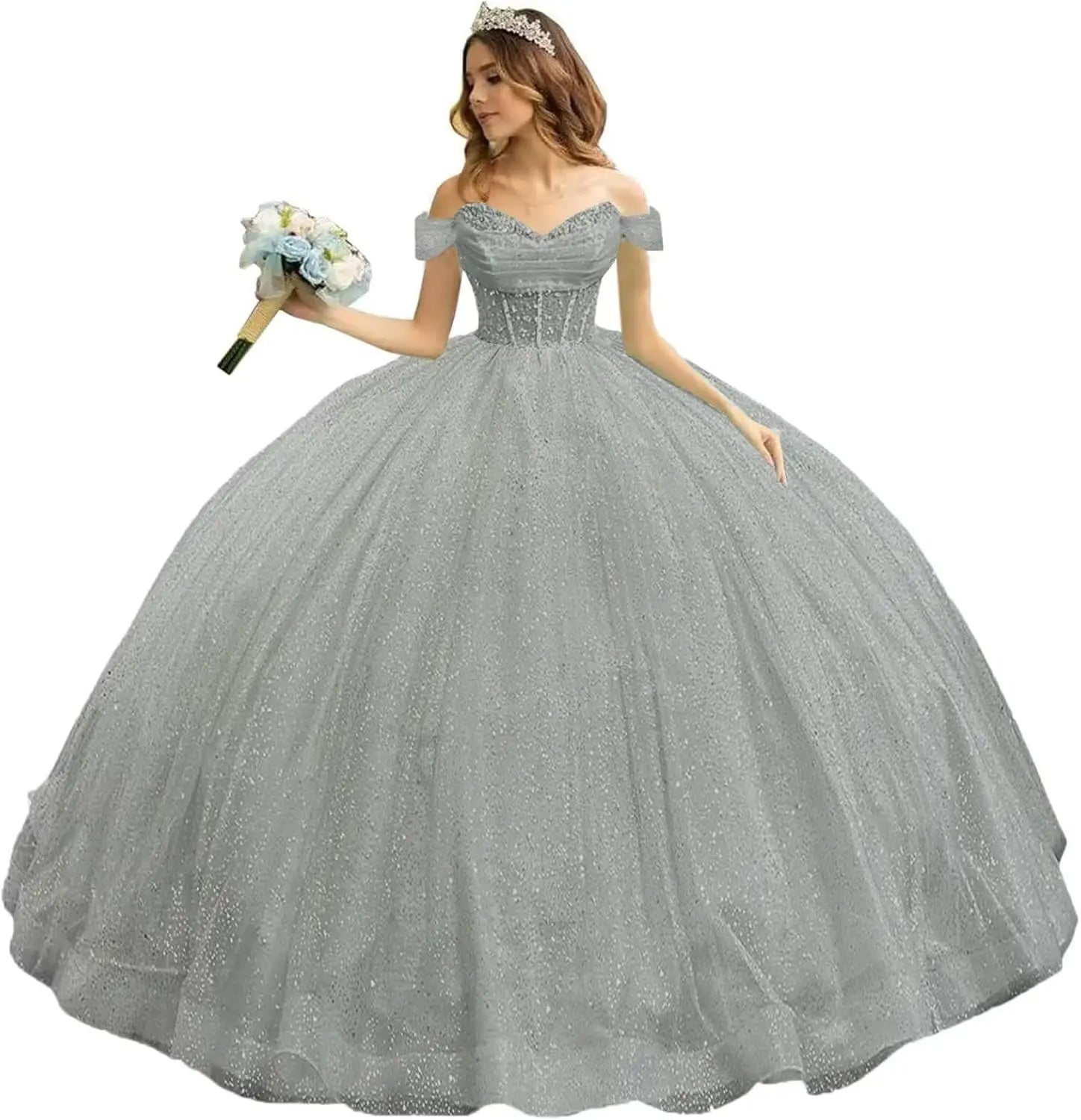 Tulle Quinceanera Dresses with Bow Puffy Off Shoulder Sweet 16 Dresses Sparkly Crystal Quince Dress with Train