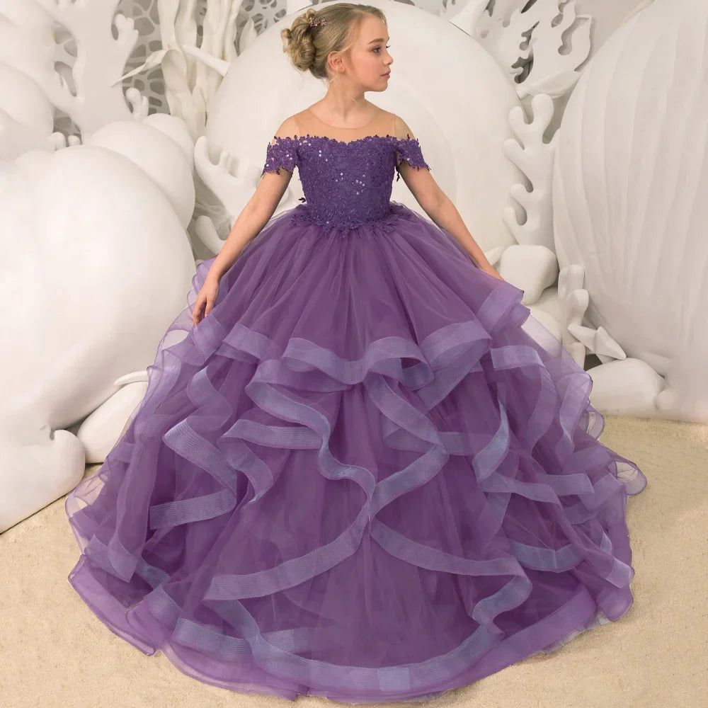 Grape Purple Floral Appliques Tiered With Trailing For Wedding Birthday Party Banquet Gown Customized Flower Girl Dresses