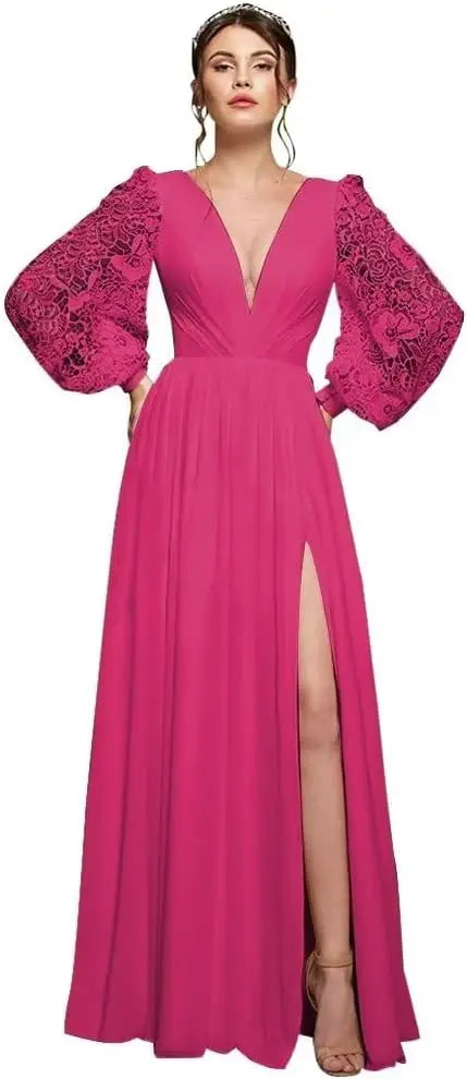 Langärmliges Brautjungfernkleid, Chiffon, Ballkleid, langes Hochzeitskleid mit Spitzenapplikation, V-Ausschnitt, formelle Kleider mit Schlitz 