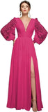Langärmliges Brautjungfernkleid, Chiffon, Ballkleid, langes Hochzeitskleid mit Spitzenapplikation, V-Ausschnitt, formelle Kleider mit Schlitz 