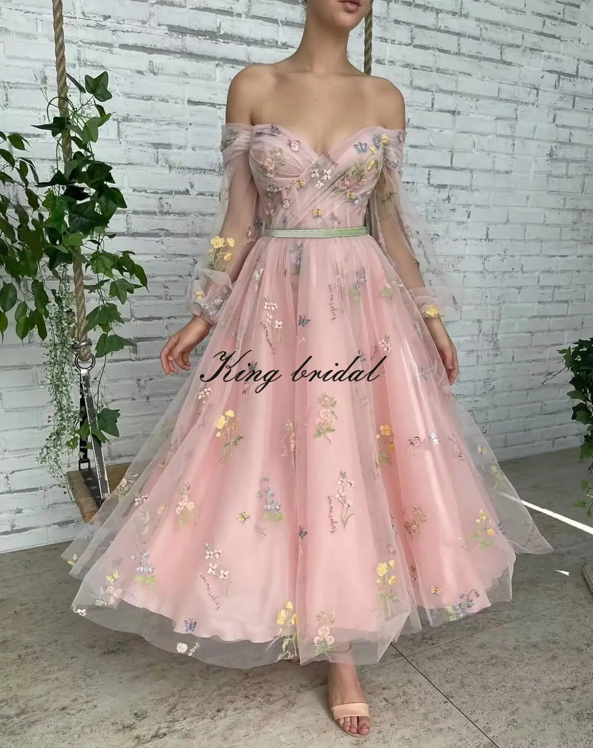 Bridesmaid Dress Long Sleeve Flower Embroidery Lace Tulle Prom Dresses for Women A Line Fairy Maxi Formal Evening Party Gowns