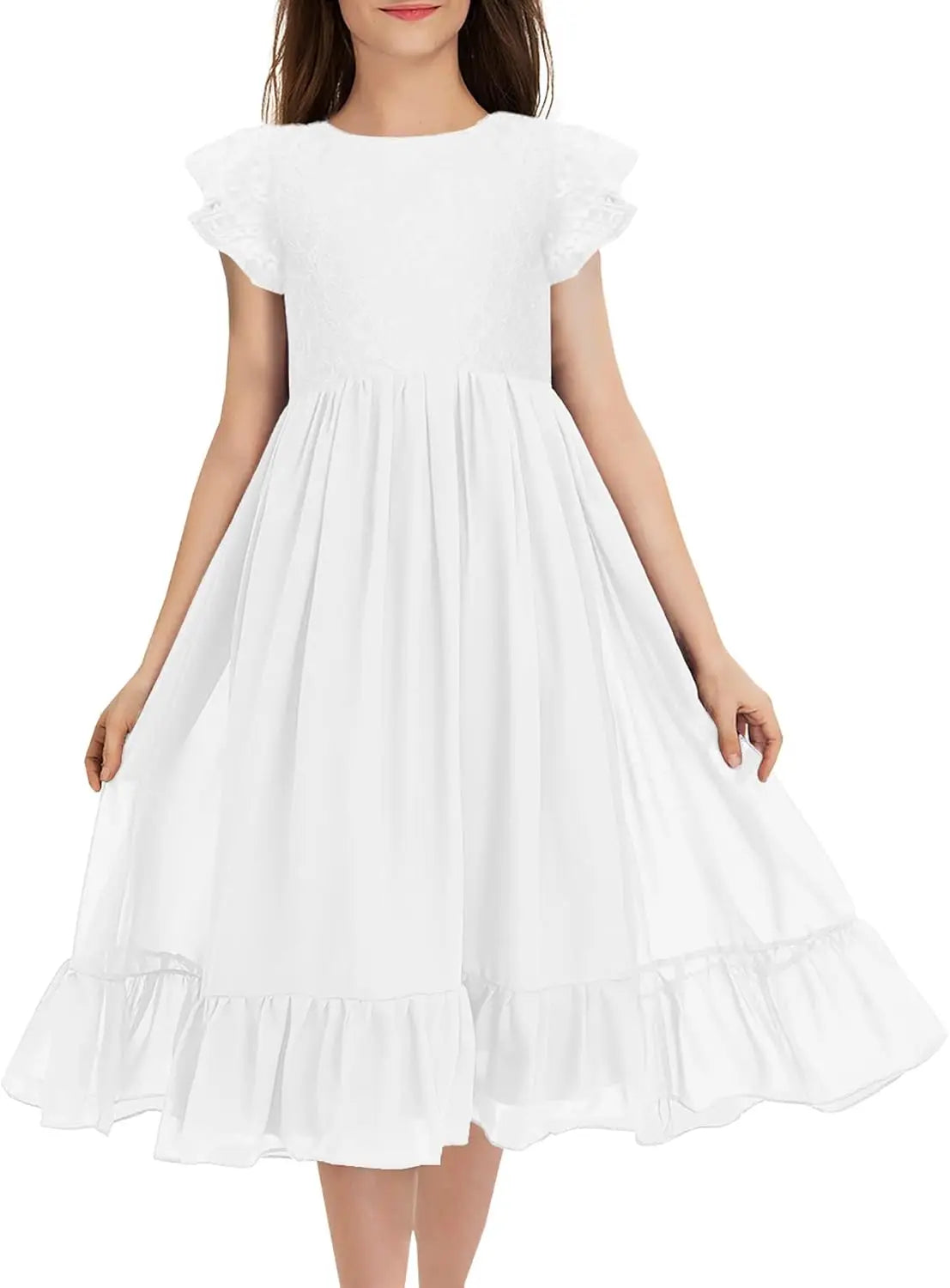 Girls Elegant Lace Flower Crew Neck Ruffle Chiffon A-Line Flowy Birthday Party Midi Dress ball gown  princess dress