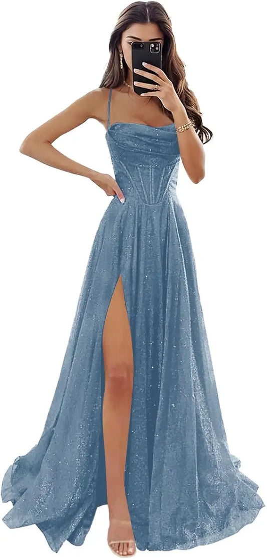 Vestido de fiesta de tul con purpurina y tirantes finos para mujer, largo, formal, con abertura y cuello vuelto 