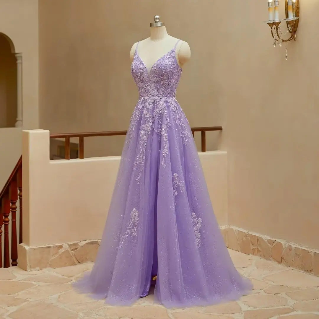 Tüll-Spitzen-Applikationen, Ballkleid, langes Ballkleid für Damen, Spaghettiträger, Korsett, rückenfreies Abendkleid 