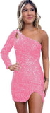 Women's One Shoulder Sequin Homecoming Dress Short Sparkly Long Sleeve Prom Party Gowns for Teens cocktail dresses