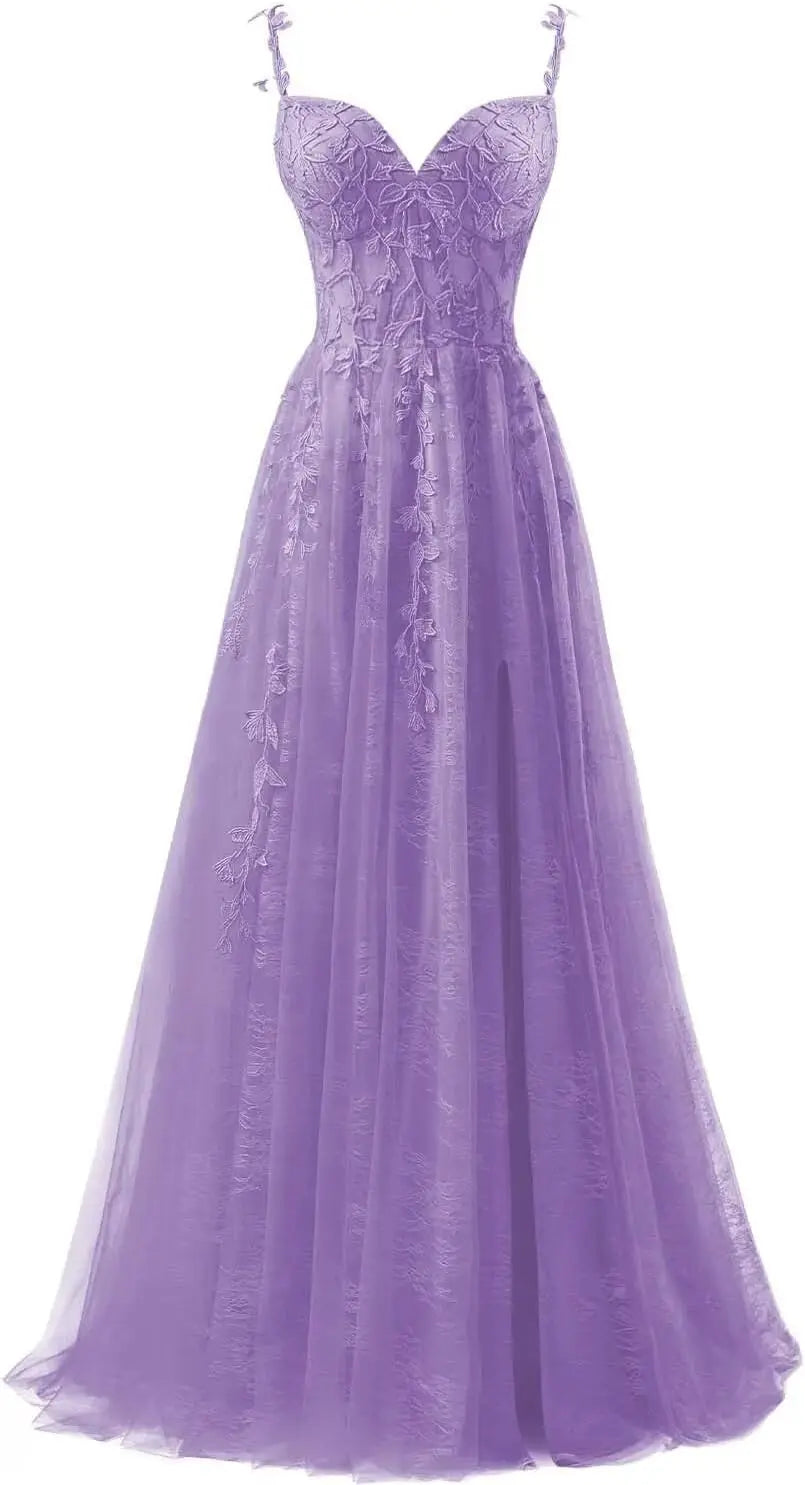 Lace Applique Tulle Prom Dresses for Women 2025 Spaghetti Straps Ball Gown Formal Evening Party Gown with Slit Wedding Party