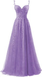 Lace Applique Tulle Prom Dresses for Women 2025 Spaghetti Straps Ball Gown Formal Evening Party Gown with Slit Wedding Party