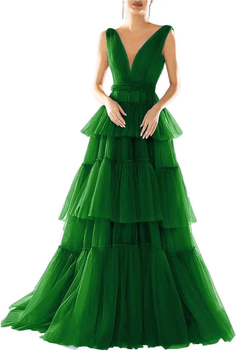 Vestidos de fiesta largos con escote en V doble para mujer, 2025, de tul escalonado, corte A, plisados, formales, para fiesta de noche. 