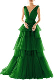 Vestidos de fiesta largos con escote en V doble para mujer, 2025, de tul escalonado, corte A, plisados, formales, para fiesta de noche. 
