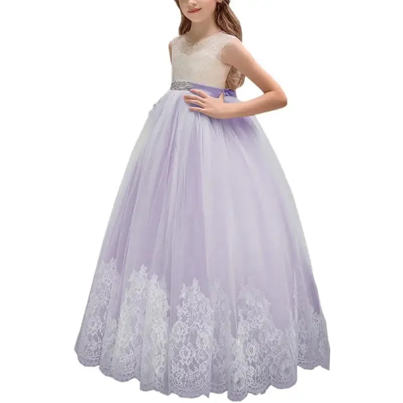 Champagne Appliques Lace Hem With Belt Sleeveless For Wedding Birthday Party Banquet First Communion Gowns Flower Girl Dresses